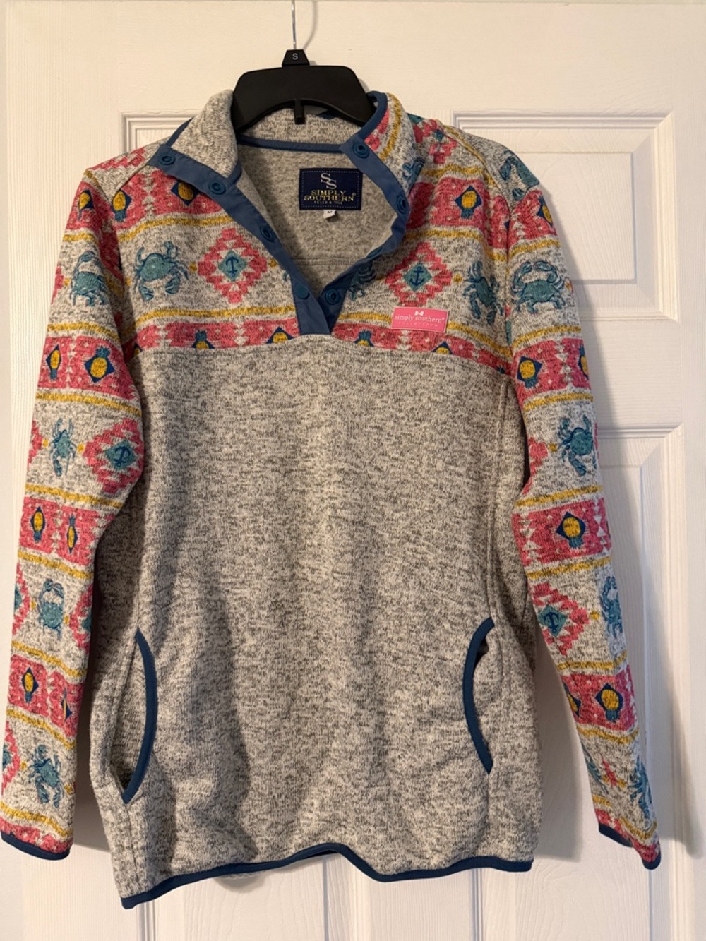 Simply Southern Heather Gray Pullover with Pink & Teal Pattern